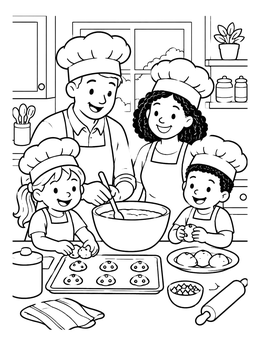 A cheerful family bakes treats in this mom and dad coloring page.