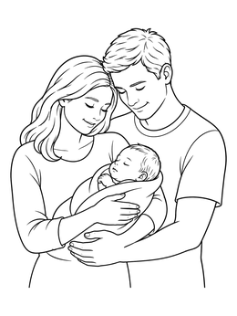 A gentle mom and dad coloring page featuring both parents holding their sleeping newborn.
