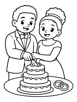 A smiling couple in this mom and dad coloring page cuts a tiered cake with wedding rings on the table.