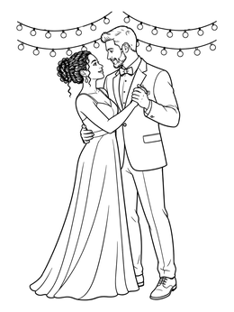 A romantic mom and dad coloring page with a couple dancing in formal clothes under lights.