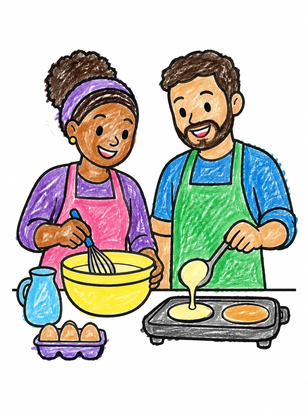 Colored example of the Parents Making Pancakes Together coloring page