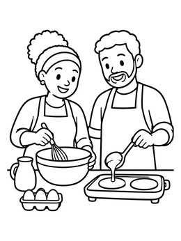 Happy mom and dad coloring page preparing breakfast pancakes together in the kitchen.