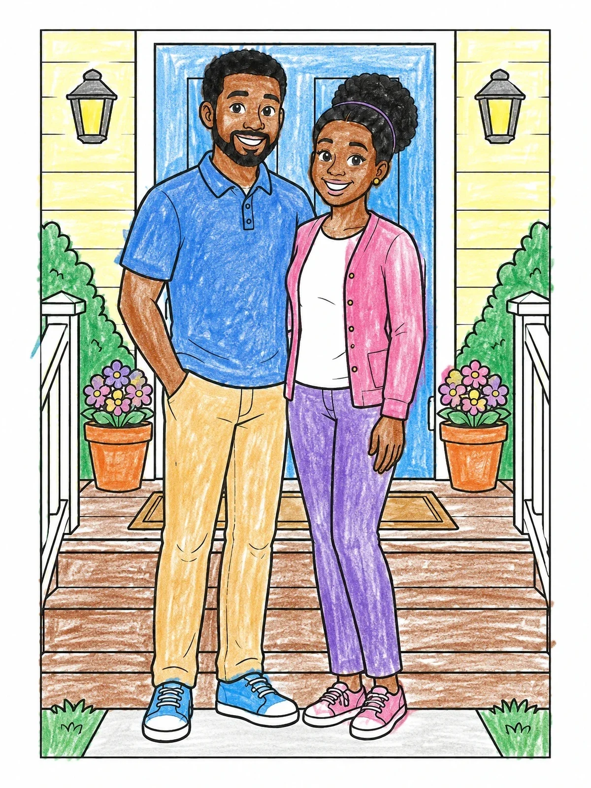Colored example of the Smiling Parents On The Front Porch coloring page