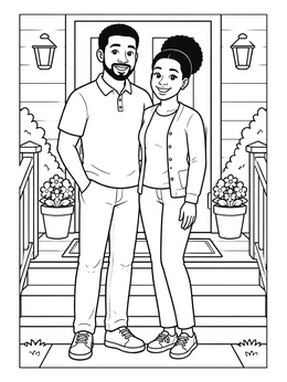 A cheerful mom and dad coloring page standing in front of their house steps with potted plants.