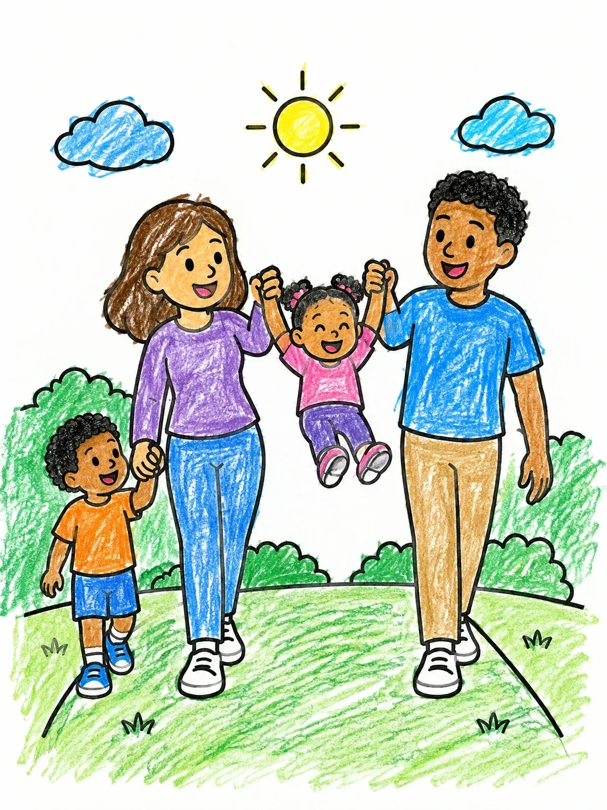 Colored example of the Family Walking And Swinging Child coloring page