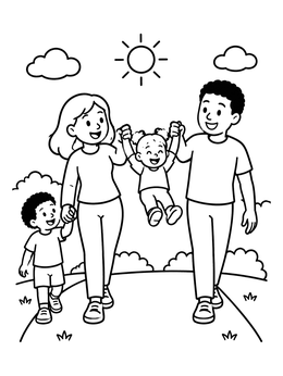 A cheerful mom and dad coloring page showing parents walking in a park and swinging their toddler.