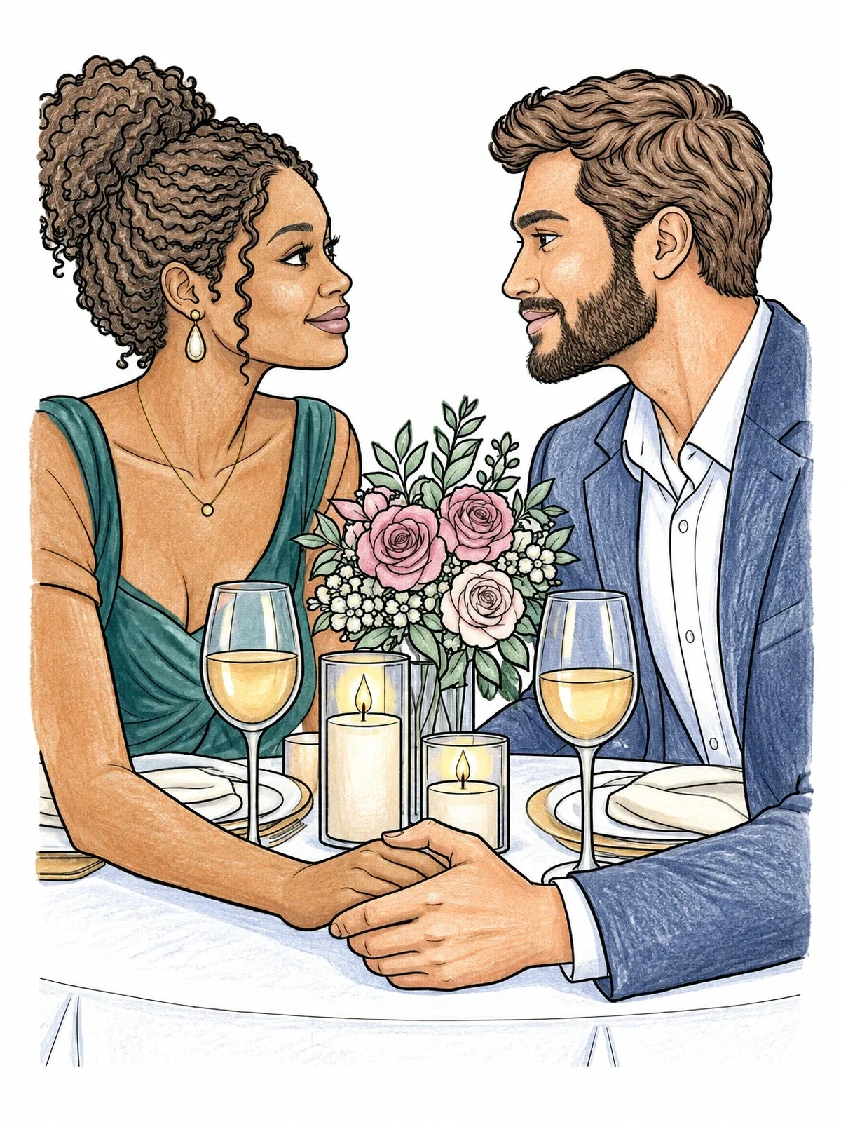 Colored example of the Romantic Dinner Date Night coloring page