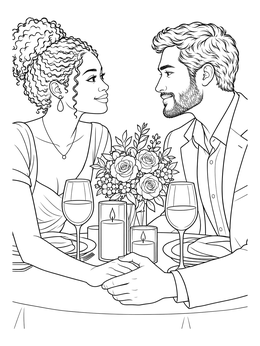 A couple holds hands at a romantic dinner table on this mom and dad coloring page.