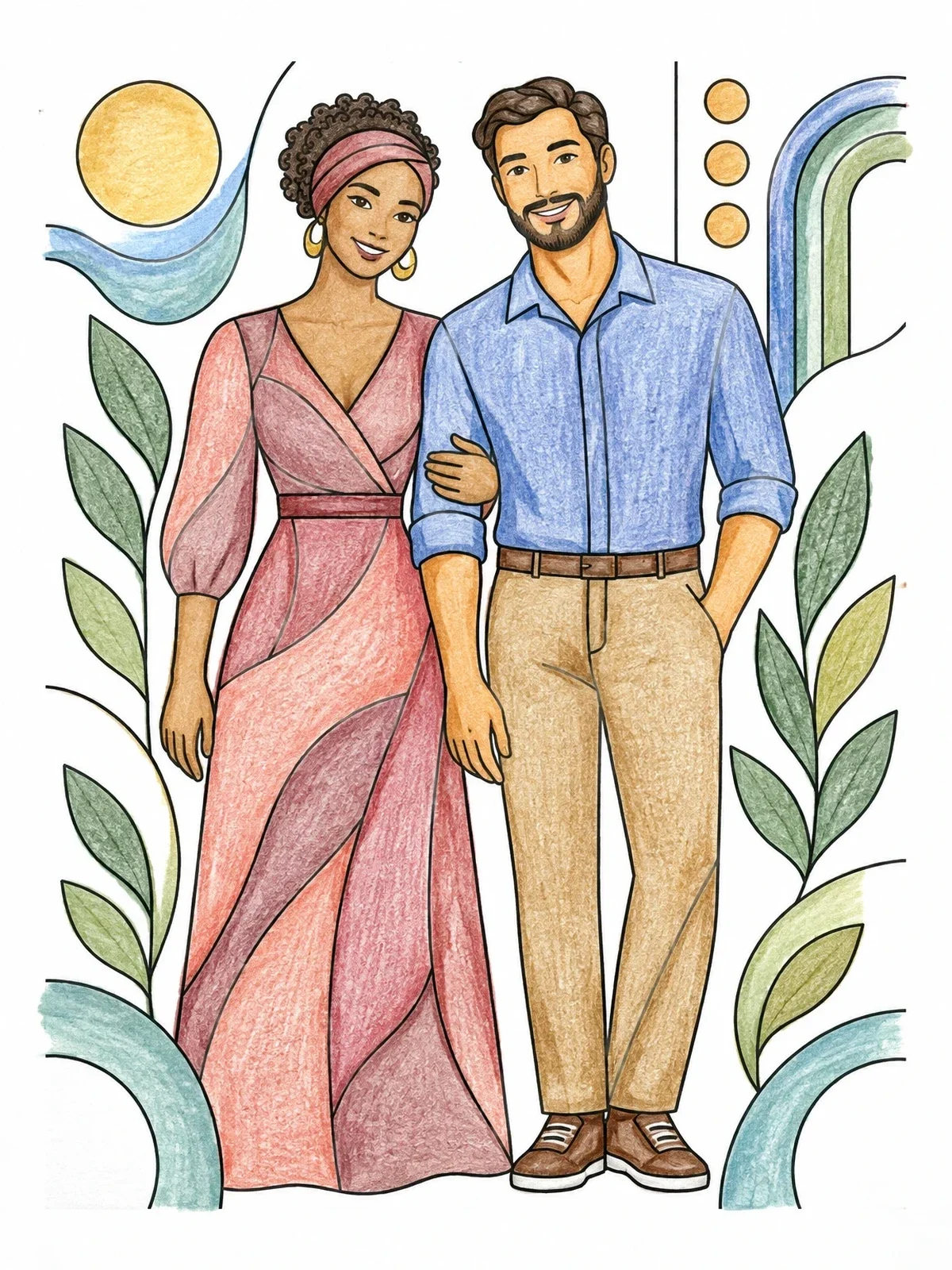 Colored example of the Smiling Couple Standing Together Arm In Arm coloring page