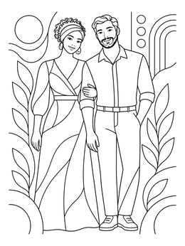 A smiling couple standing arm in arm features in this mom and dad coloring page.