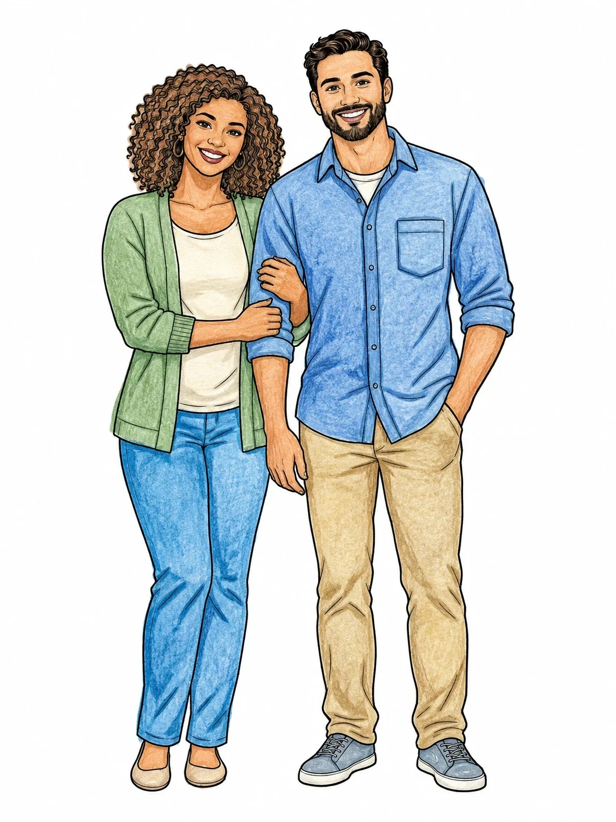 Colored example of the Smiling Parents Standing Arm In Arm coloring page