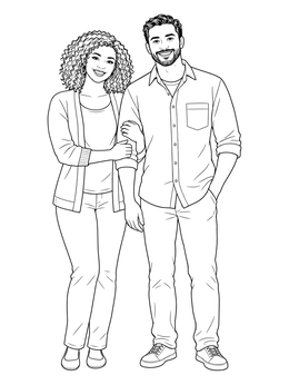A cheerful mom and dad coloring page featuring parents standing together arm in arm.