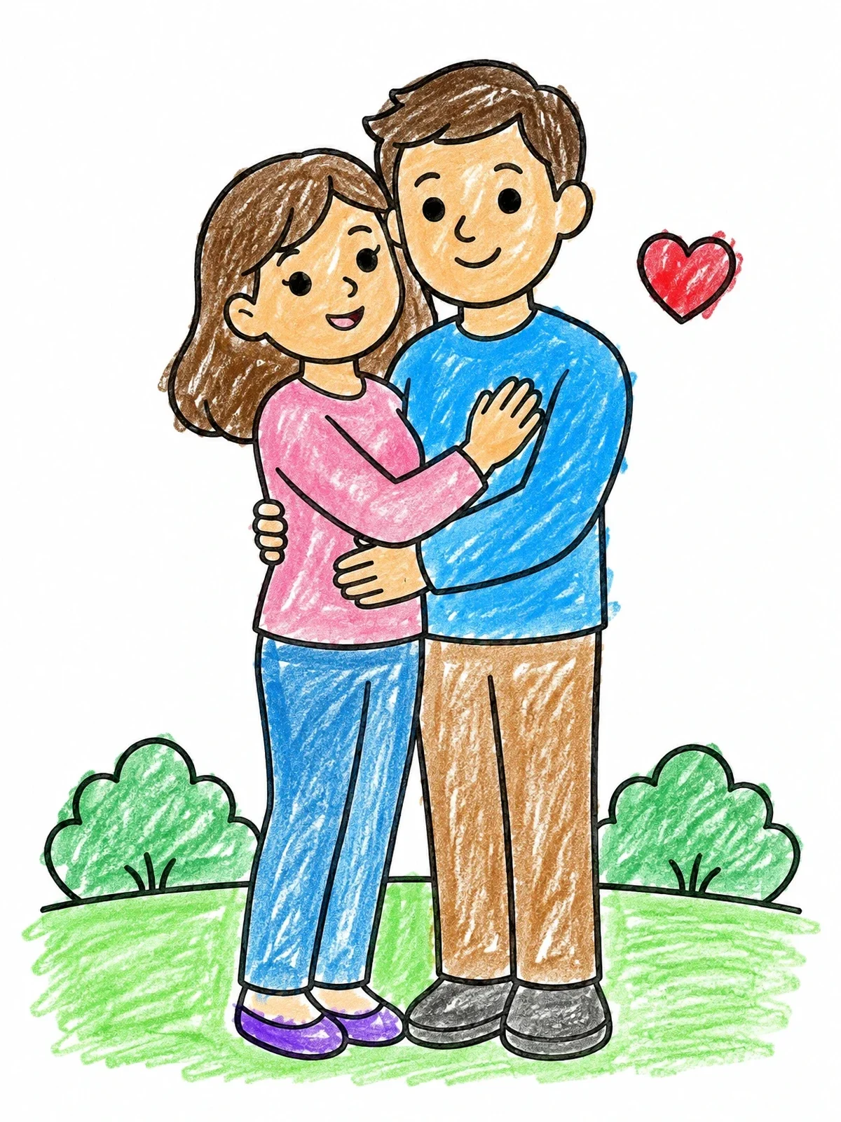 Colored example of the Happy Parents Embracing Outdoors coloring page