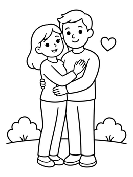 A smiling couple hugs in this mom and dad coloring page with a small heart above.
