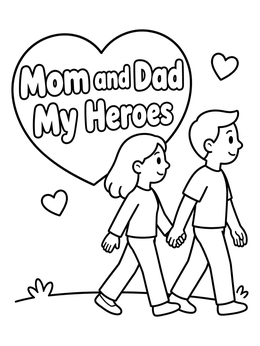 A sweet mom and dad coloring page featuring parents holding hands under a heart banner.