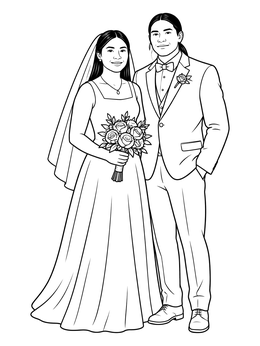 A bride with flowers and groom in this mom and dad coloring page.