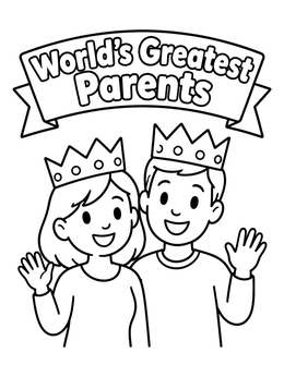 A smiling mom and dad coloring page featuring paper crowns and a banner.