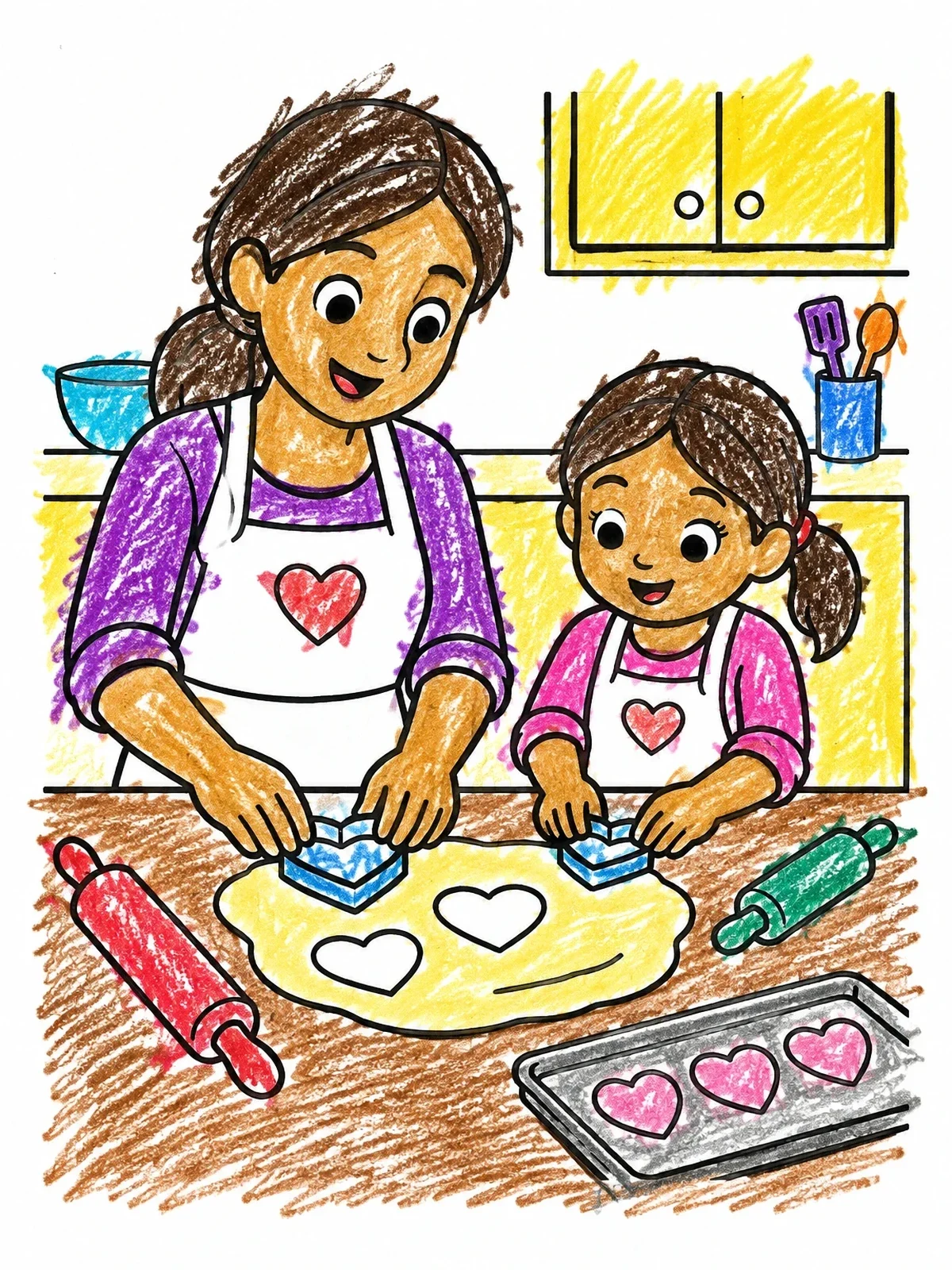 Colored example of the Baking Heart Cookies Together coloring page
