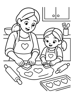 Free printable Baking Heart Cookies Together coloring page