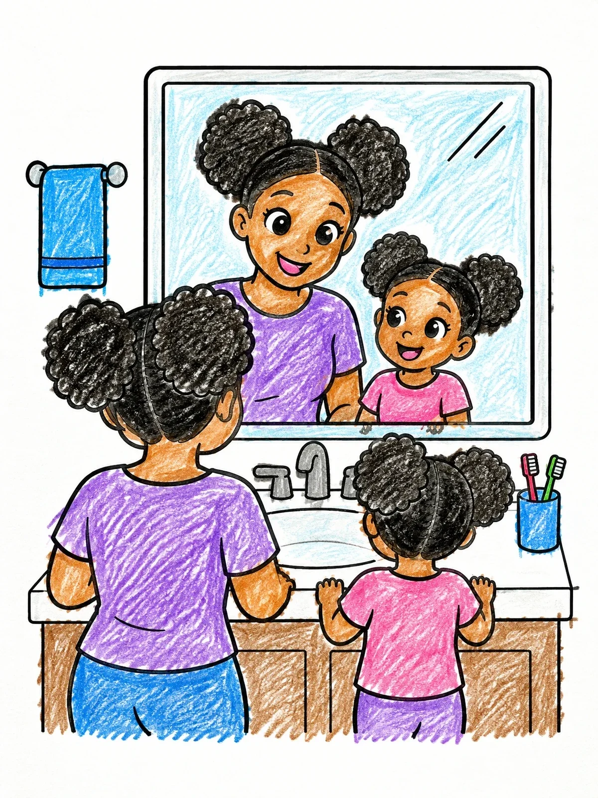 Colored example of the Mom And Daughter Bathroom Mirror Smiles coloring page