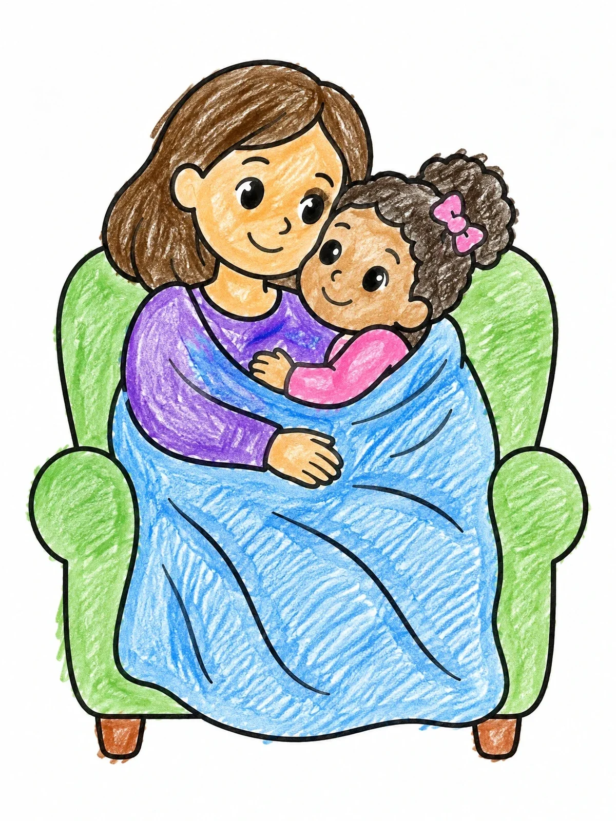 Colored example of the Cozy Hug In An Armchair coloring page