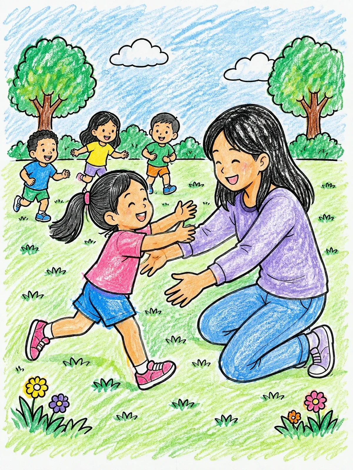 Colored example of the Daughter Running For A Hug In The Park coloring page