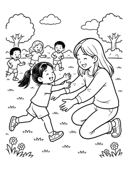 Free printable Daughter Running For A Hug In The Park coloring page
