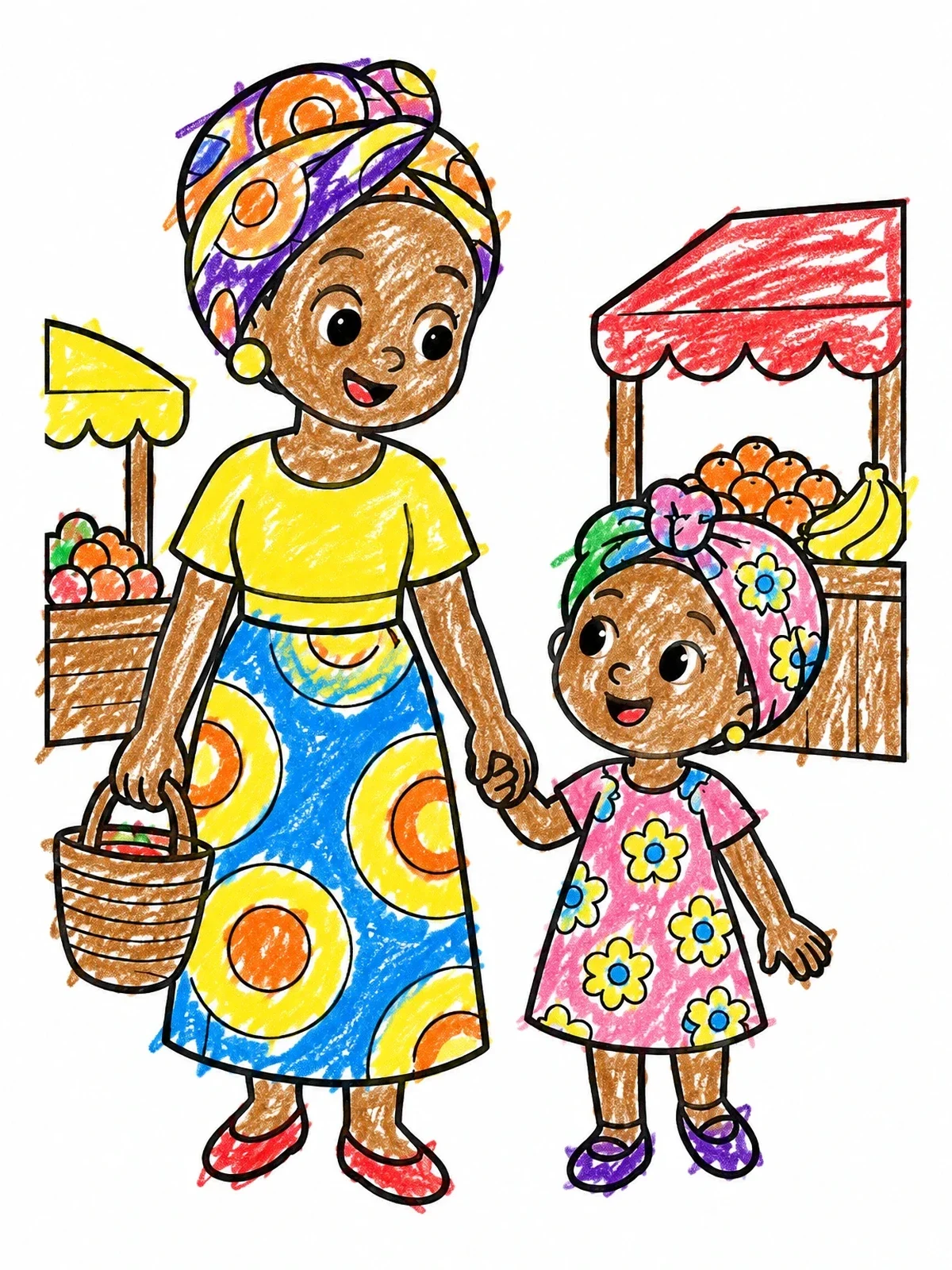 Colored example of the Mother And Daughter At Market coloring page