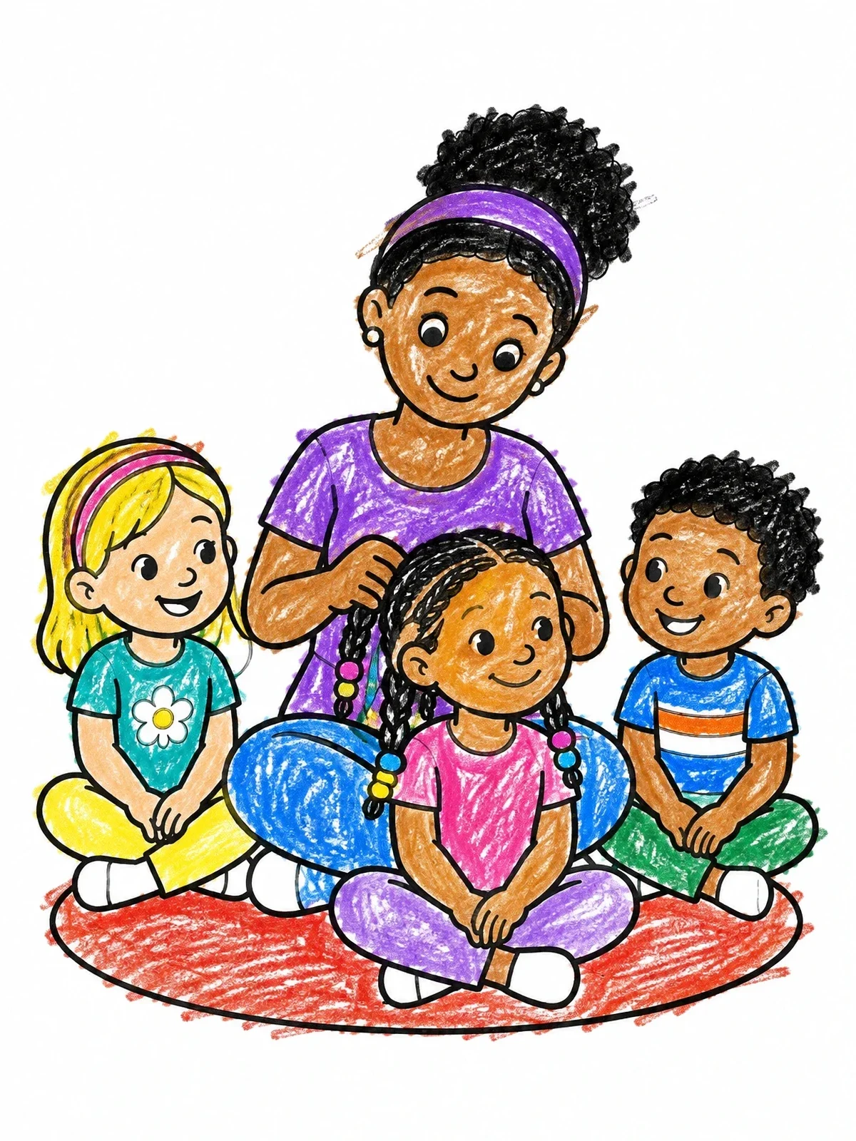 Colored example of the Mother Braiding Hair With Children coloring page