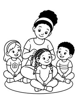 Free printable Mother Braiding Hair With Children coloring page