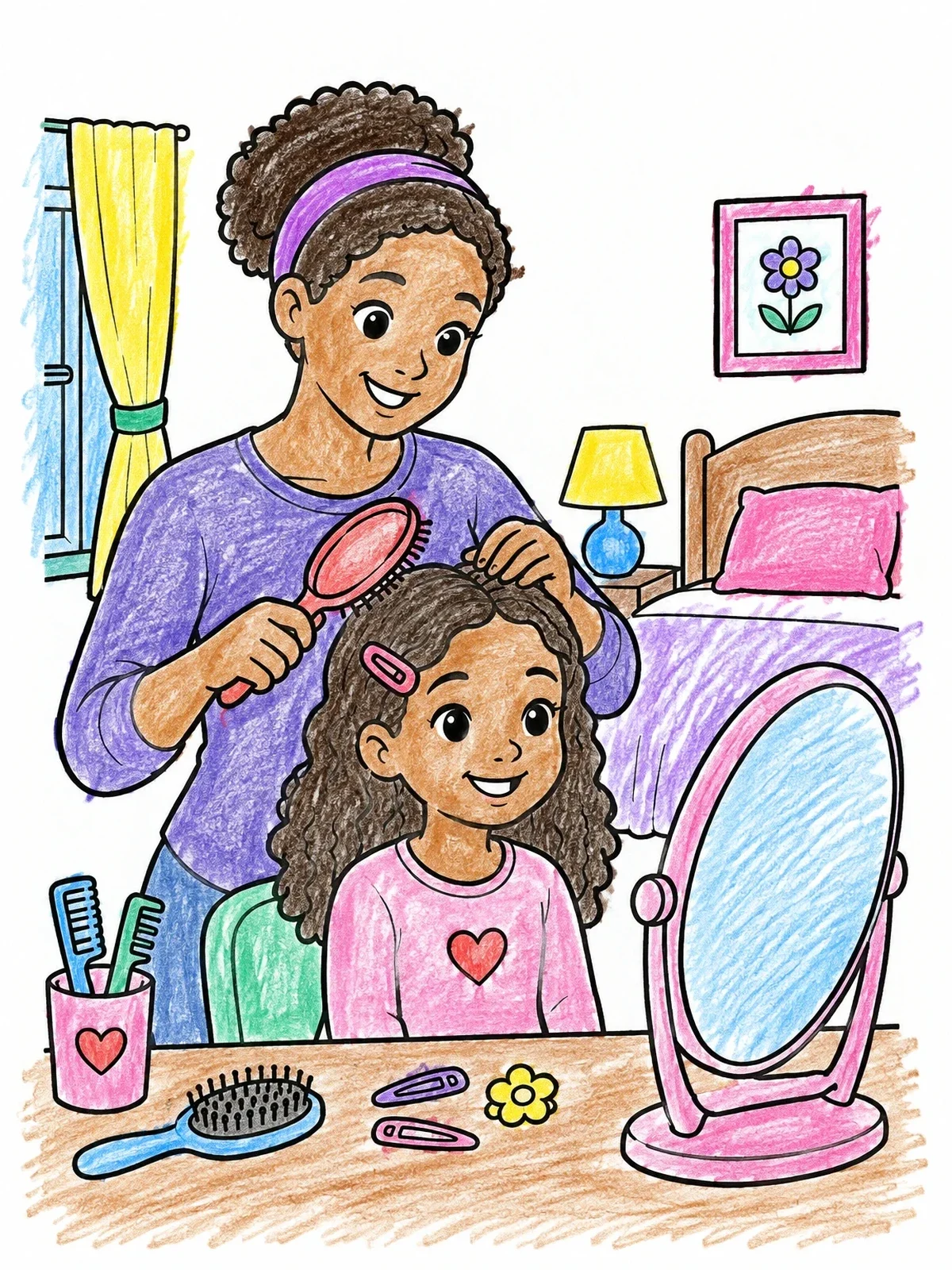 Colored example of the Mother Brushing Her Daughter's Hair coloring page