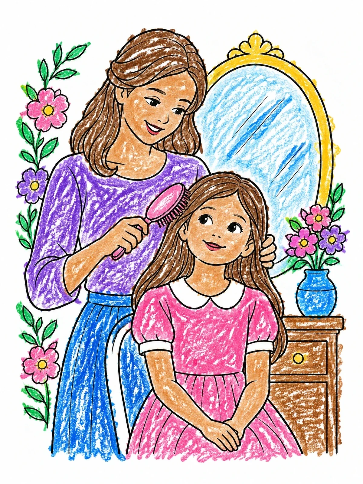 Colored example of the Mother Brushing Her Daughter's Hair coloring page
