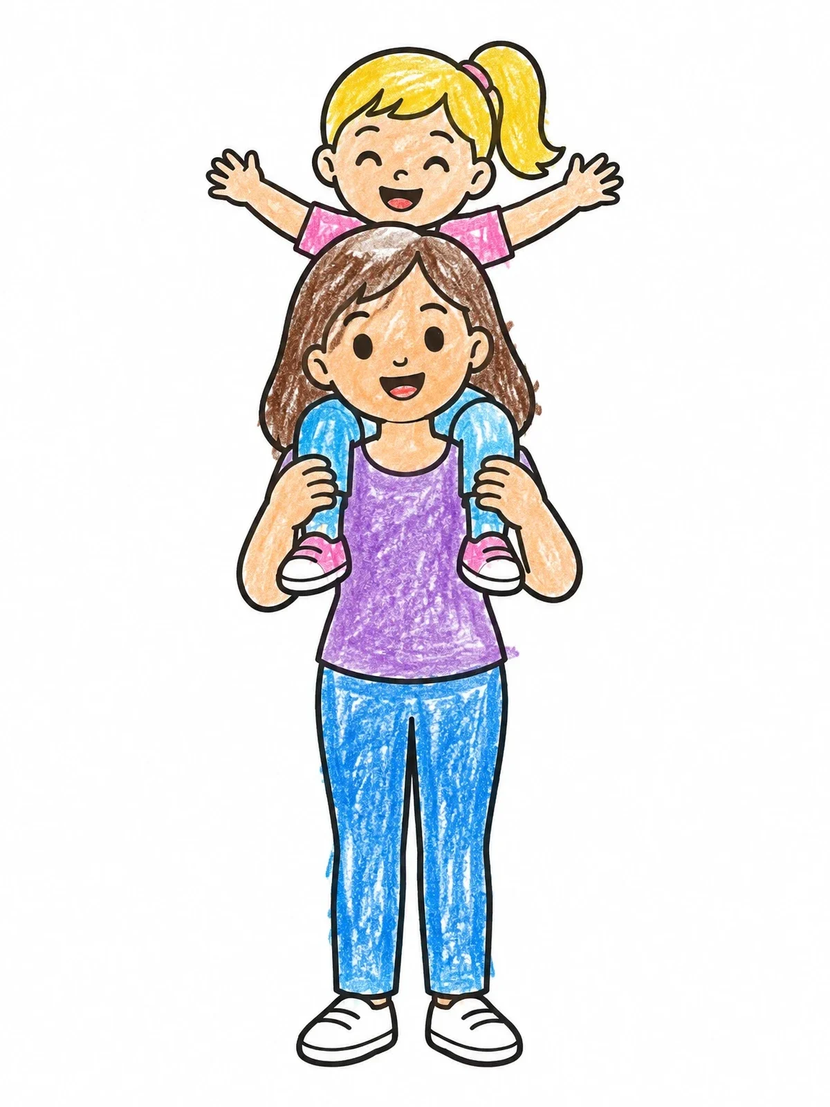 Colored example of the Mother Carrying Daughter On Shoulders coloring page