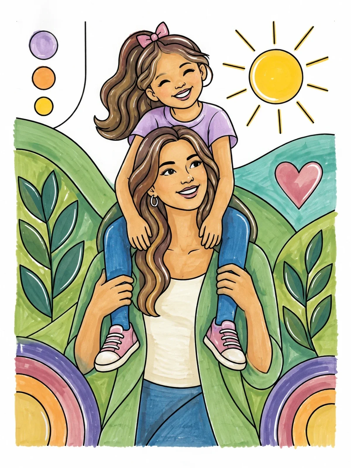 Colored example of the Mother Carrying Daughter On Shoulders coloring page