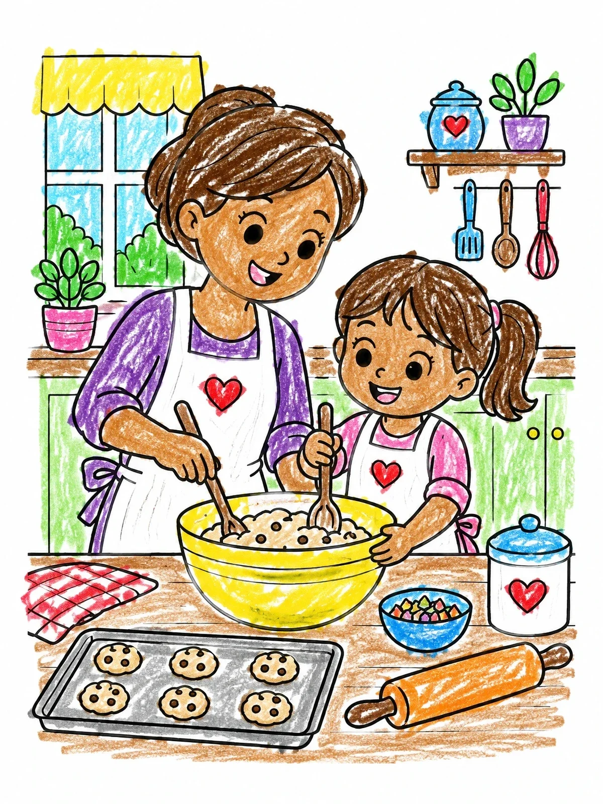 Colored example of the Mother And Daughter Baking Cookies coloring page