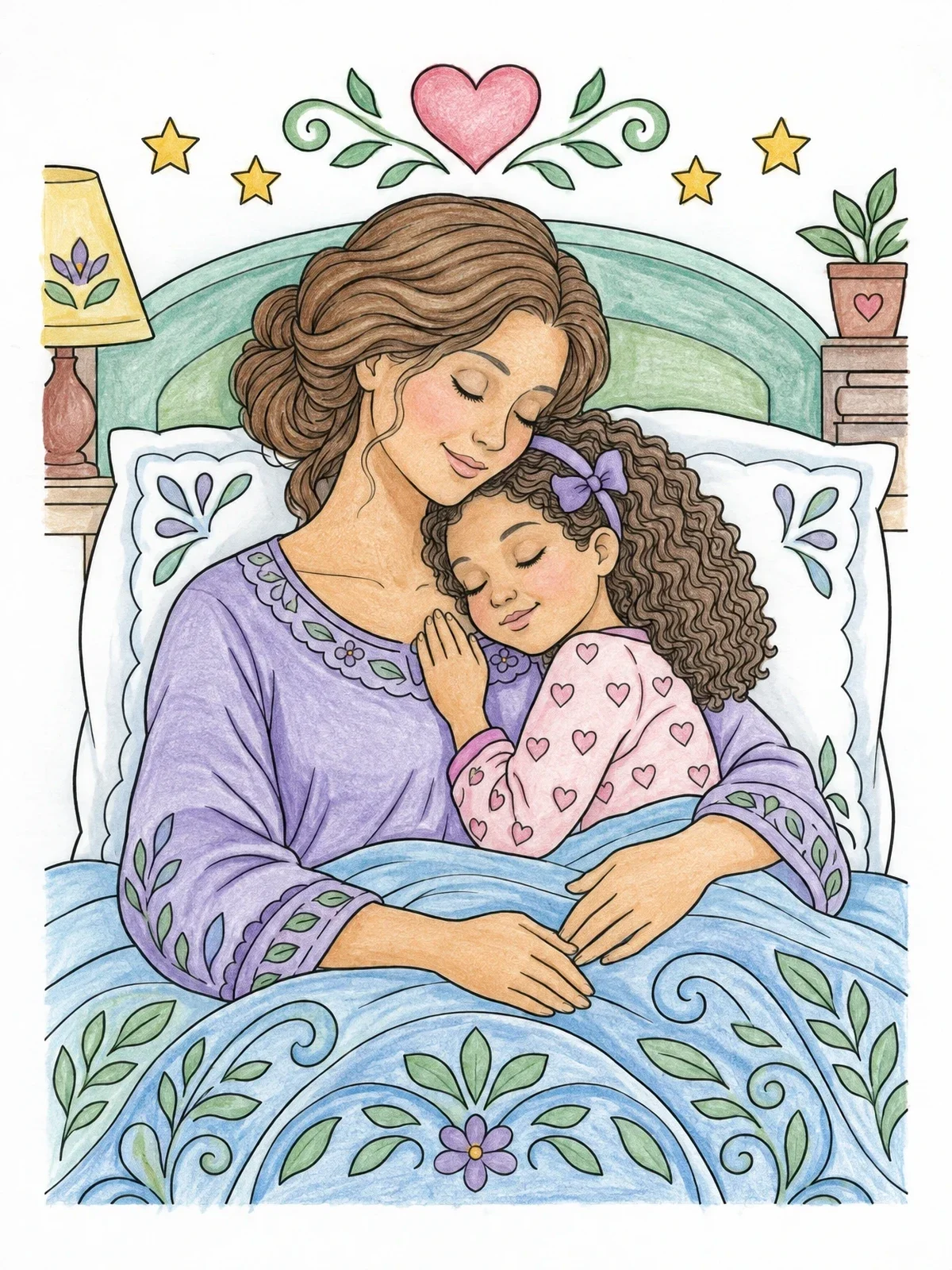 Colored example of the Bedtime Cuddle With Mother And Daughter coloring page