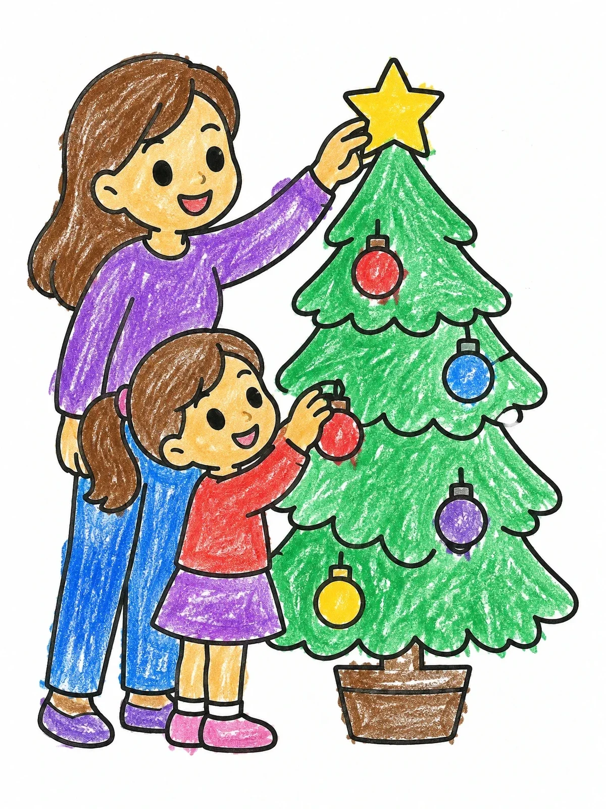 Colored example of the Decorating The Christmas Tree Together coloring page