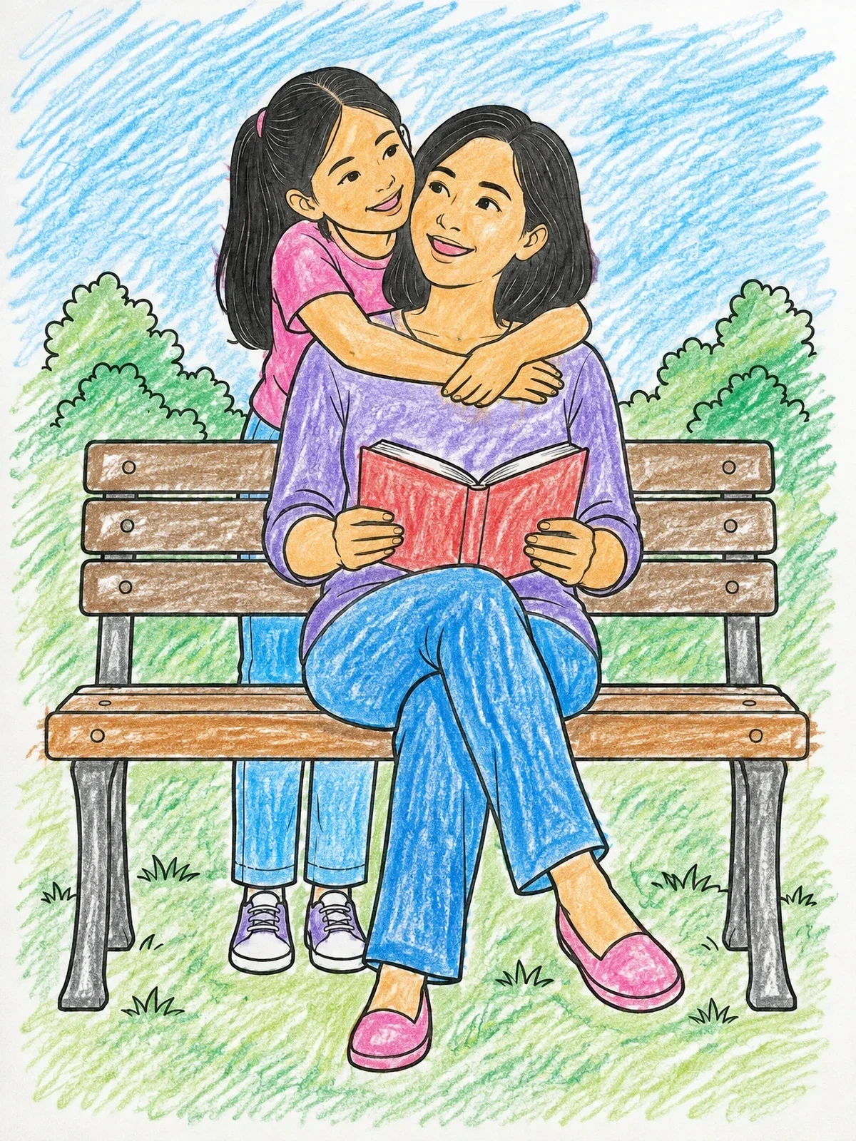 Colored example of the Surprise Hug On The Park Bench coloring page