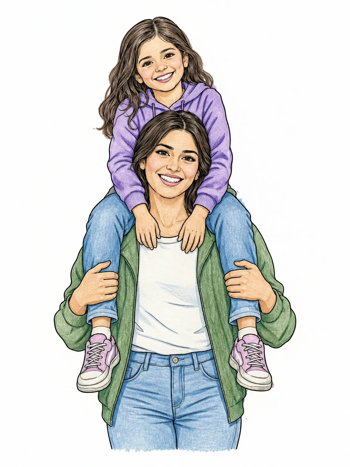 Colored example of the Mother Giving Daughter A Shoulder Ride coloring page