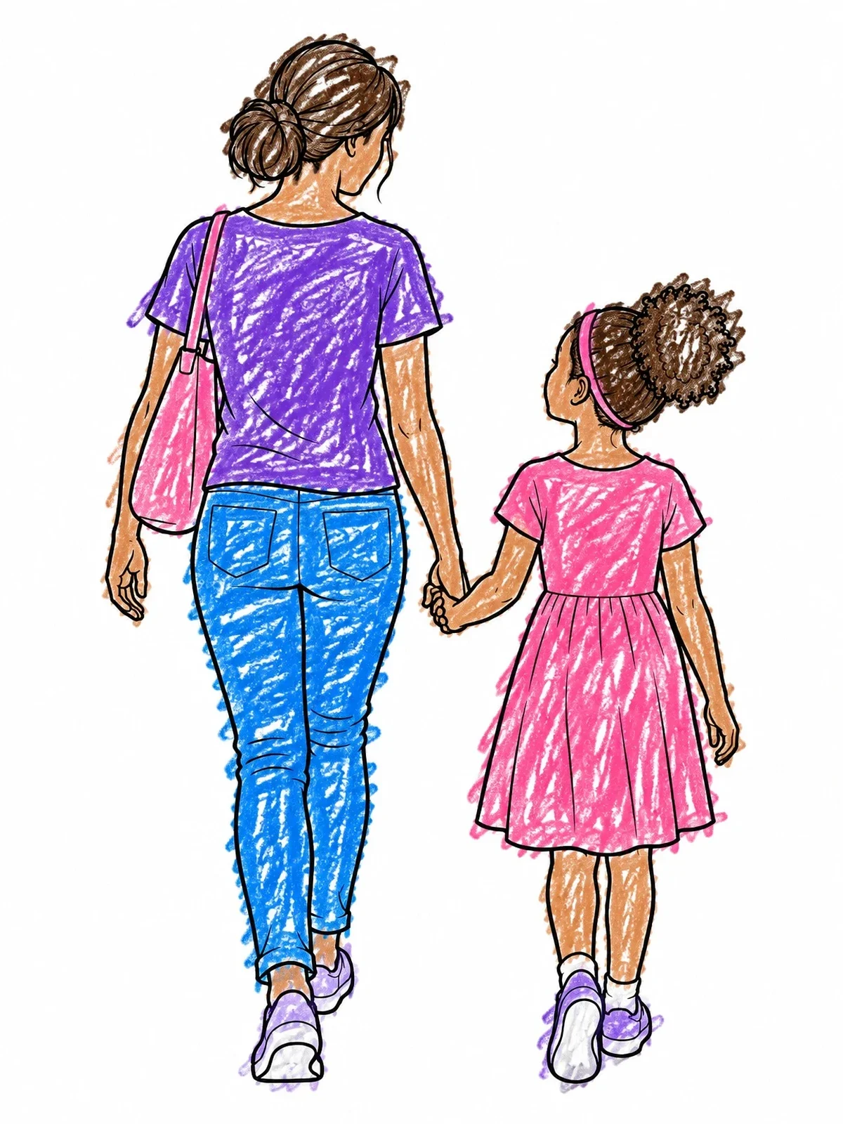 Colored example of the Mother And Daughter Walking Together coloring page