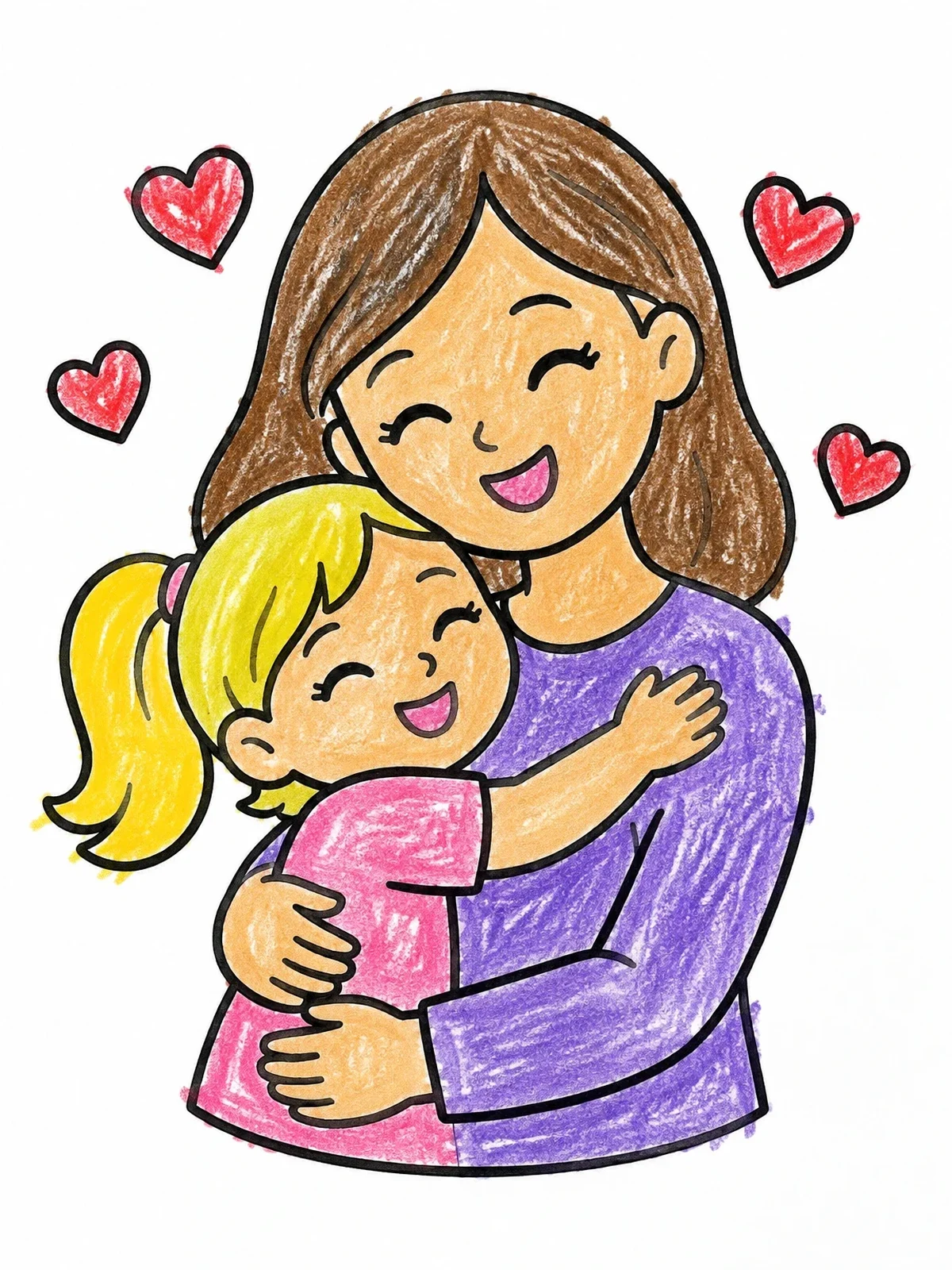 Colored example of the Loving Mother Hugging Daughter With Hearts coloring page