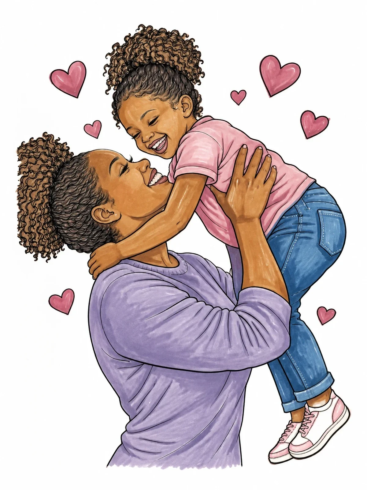 Colored example of the Mother Lifting Daughter With Hearts coloring page