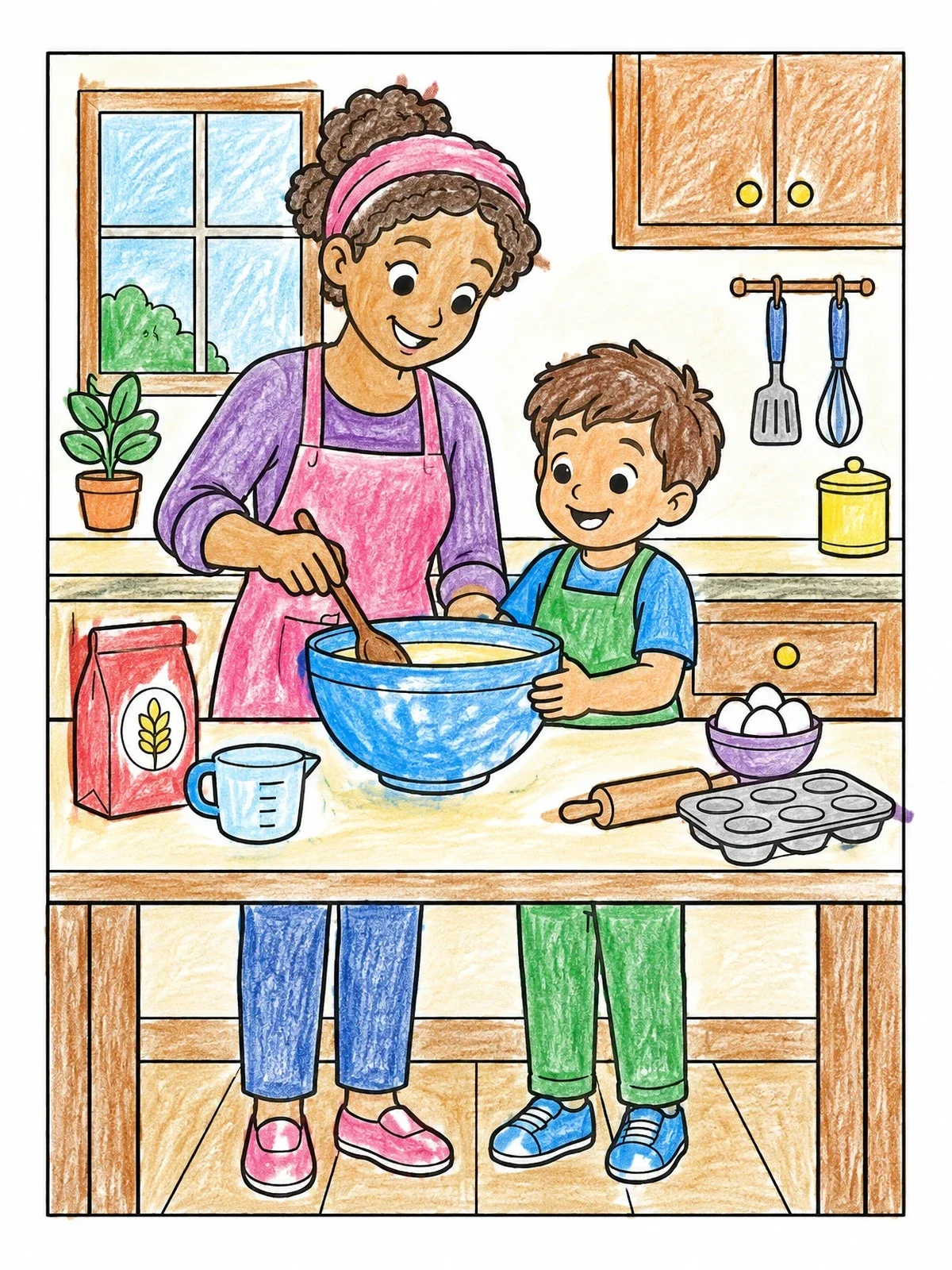 Colored example of the Mom And Son Baking In Kitchen coloring page