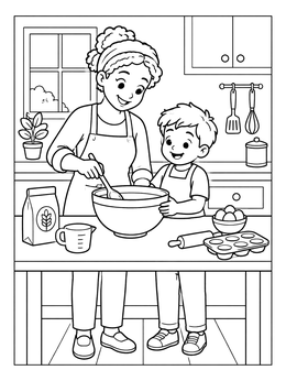 Free printable Mom And Son Baking In Kitchen coloring page