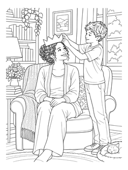 A cheerful boy places a paper crown on his mother in this mom and son coloring page.