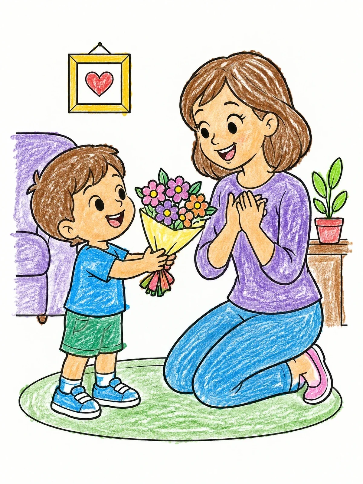 Colored example of the Boy Giving Flowers To Mother coloring page
