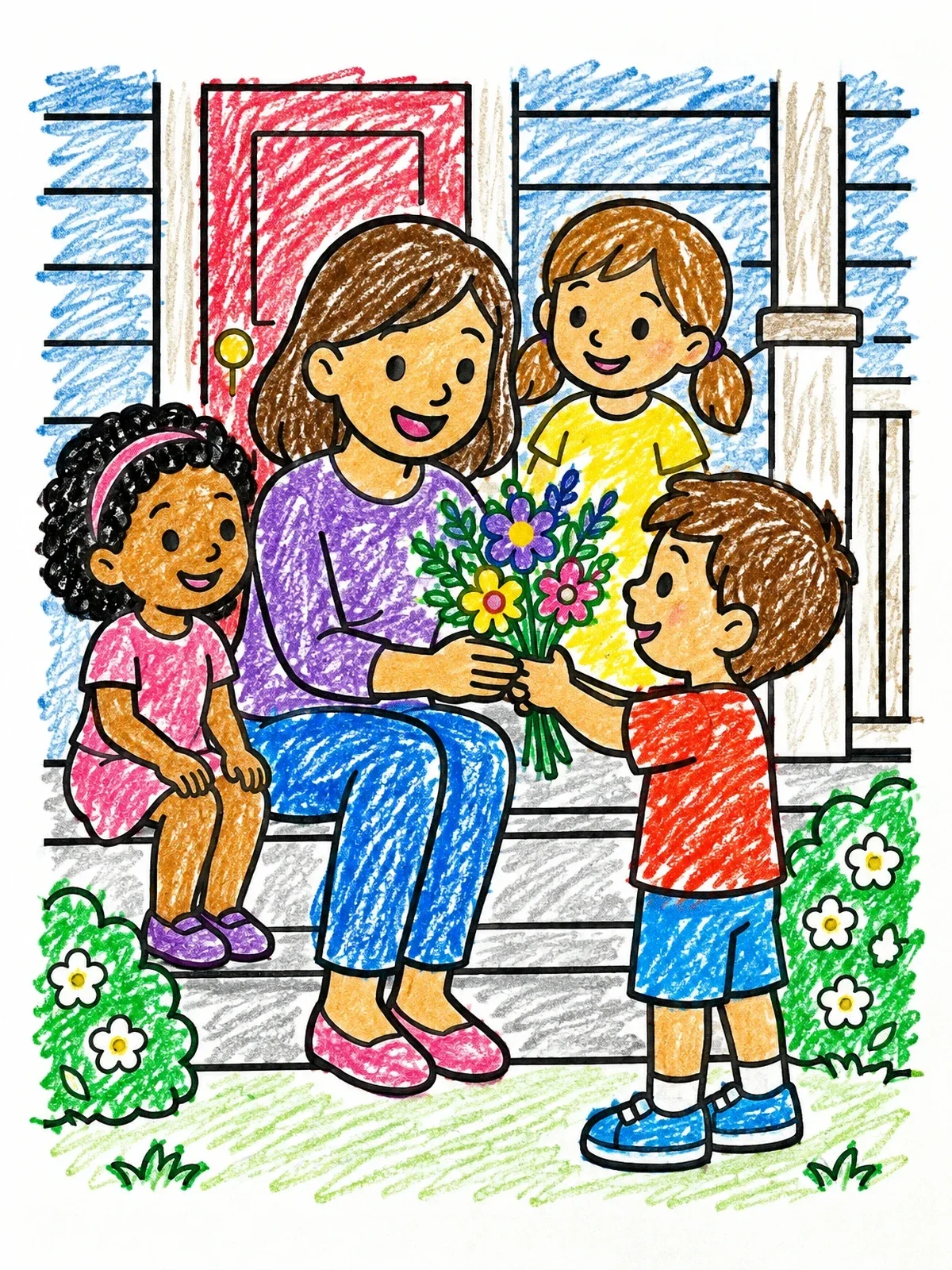 Colored example of the Boy Giving Flowers To Mother On Porch coloring page