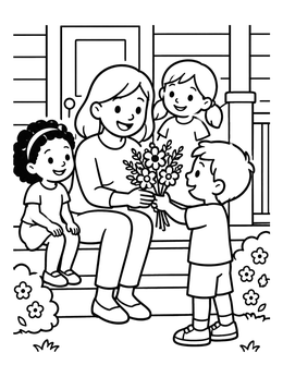 Free printable Boy Giving Flowers To Mother On Porch coloring page