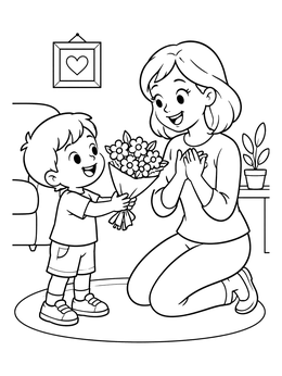 Free printable Boy Giving Flowers To Mother coloring page