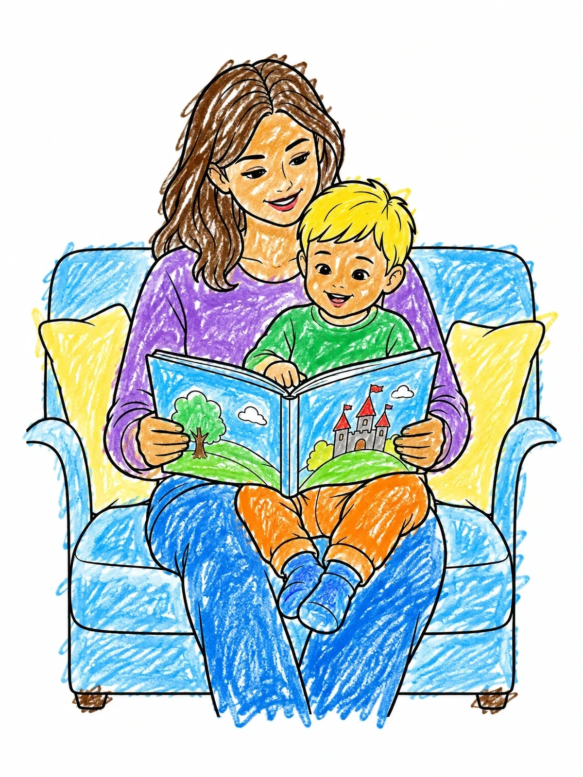 Colored example of the Mother And Toddler Reading Together coloring page